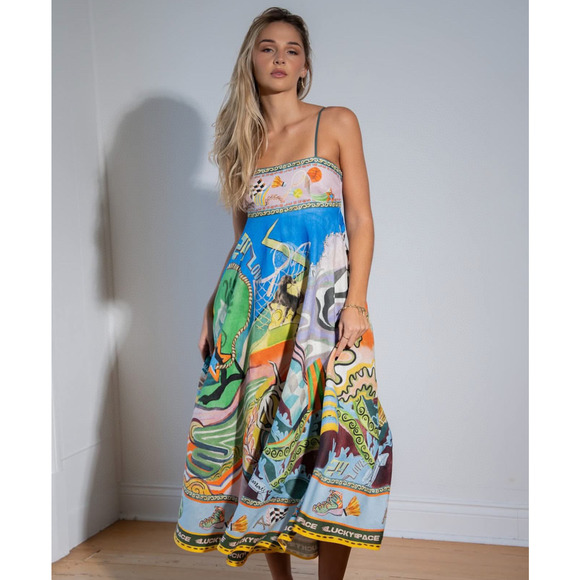 ALEMAIS Lucky Pace Shirred Linen Midi Sun Dress US 4 - Picture 2 of 11